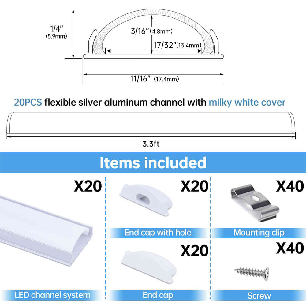 ALISTER 3.3FT Flexible Silver LED Aluminum Channel with Milky White LED Cover Lens U106 WW