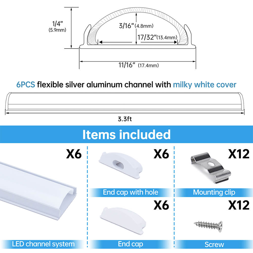 ALISTER 3.3FT Flexible Silver LED Aluminum Channel with Milky White LED Cover Lens U106 WW
