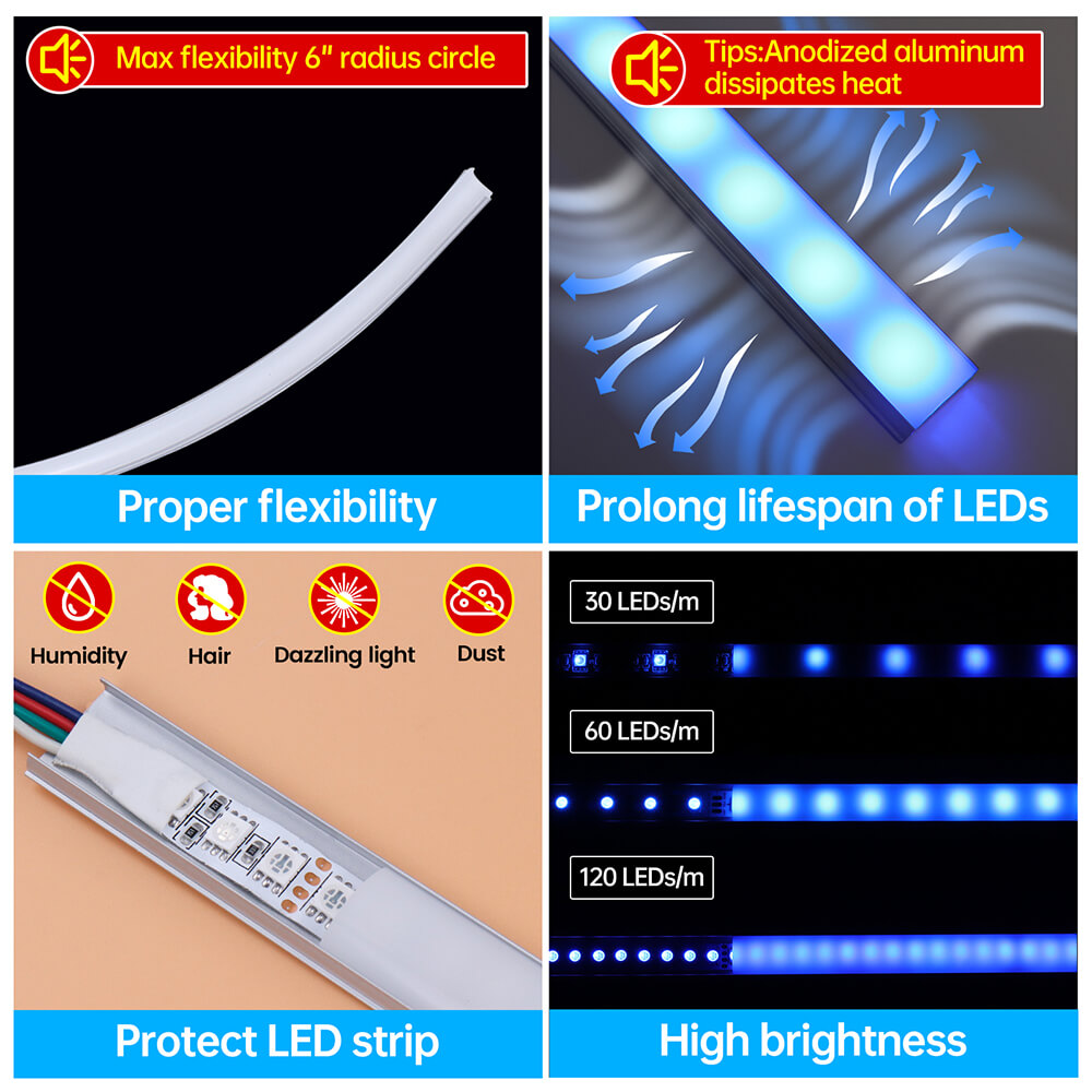 ALISTER 3.3FT Flexible Silver LED Aluminum Channel with Milky White LED Cover Lens U106 WW