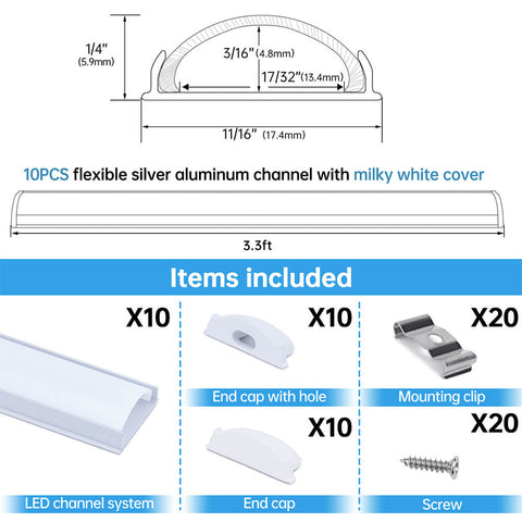 ALISTER 3.3FT Flexible Silver LED Aluminum Channel with Milky White LED Cover Lens U106 WW