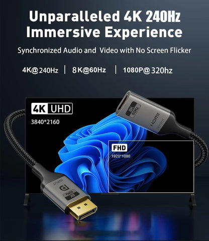 DisplayPort 1.4 to HDMI 2.1 Ultra HD 8K Male to Female Cable 0.25m Converter 8K@60Hz 4K@120Hz Directional Compatible with Displa