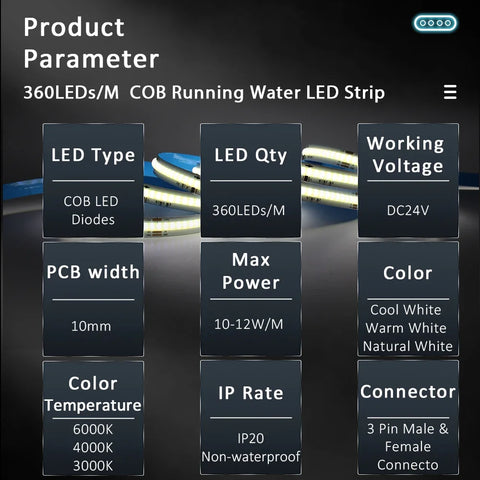 24V Horse Race Running LED Strip Lights COB Stripe 360LEDs/m Flexible Linear Lamp Bluetooth App BanlanX Control Warm Cool White