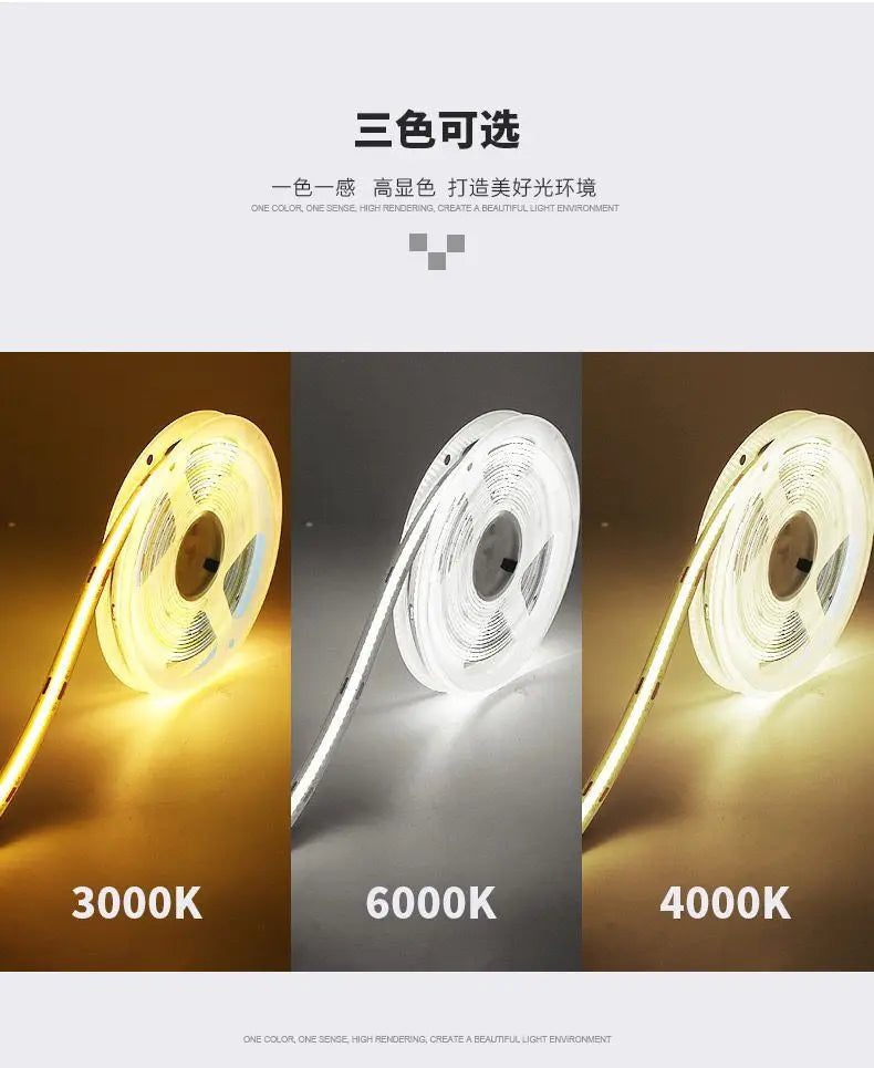 COB LED Strip 528LEDs/m High Density Flexible COB LED Lights DC12V/24V;RA90;3000K/4000K/6000K/red/green/cold blue etc color