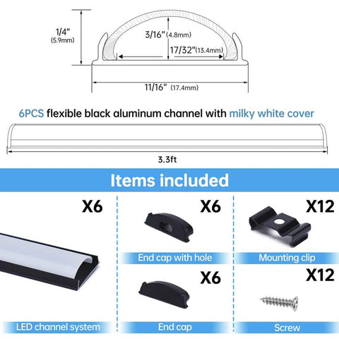 ALISTER 3.3FT/1M Flexible Black LED Channel with Milky White LED  Diffuser Cover Bendable Aluminum Track U106 BW