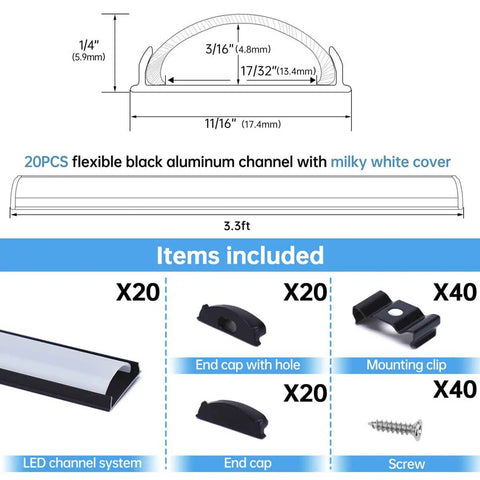 ALISTER 3.3FT/1M Flexible Black LED Channel with Milky White LED  Diffuser Cover Bendable Aluminum Track U106 BW
