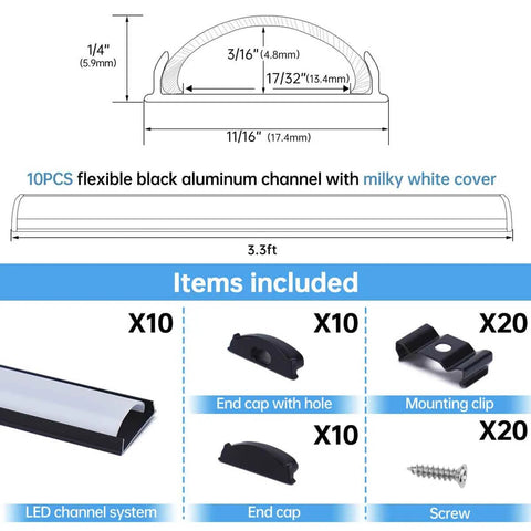 ALISTER 3.3FT/1M Flexible Black LED Channel with Milky White LED  Diffuser Cover Bendable Aluminum Track U106 BW