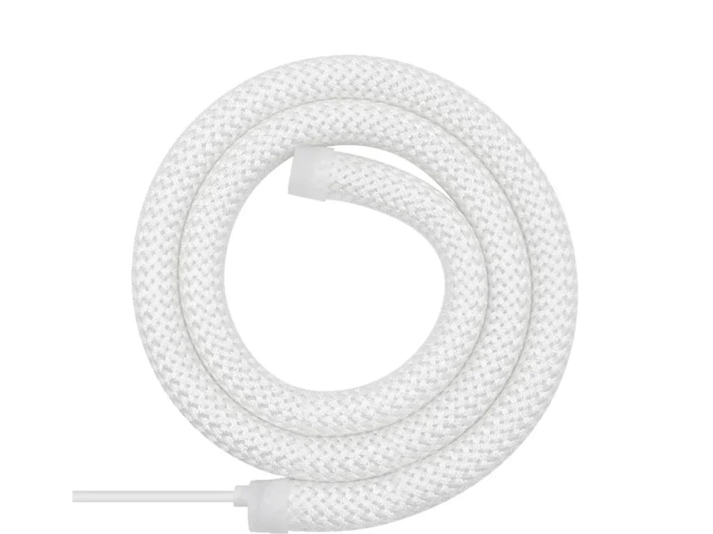 Round textured LED lighting product coiled on a white surface with a cable exit visible