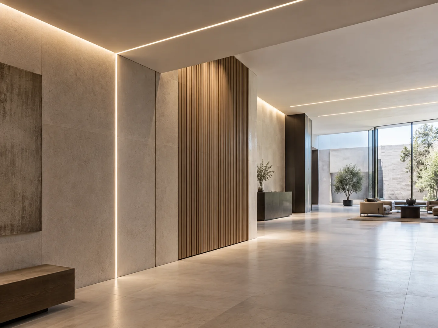 Straight recessed light lines across a stone and timber architectural interior