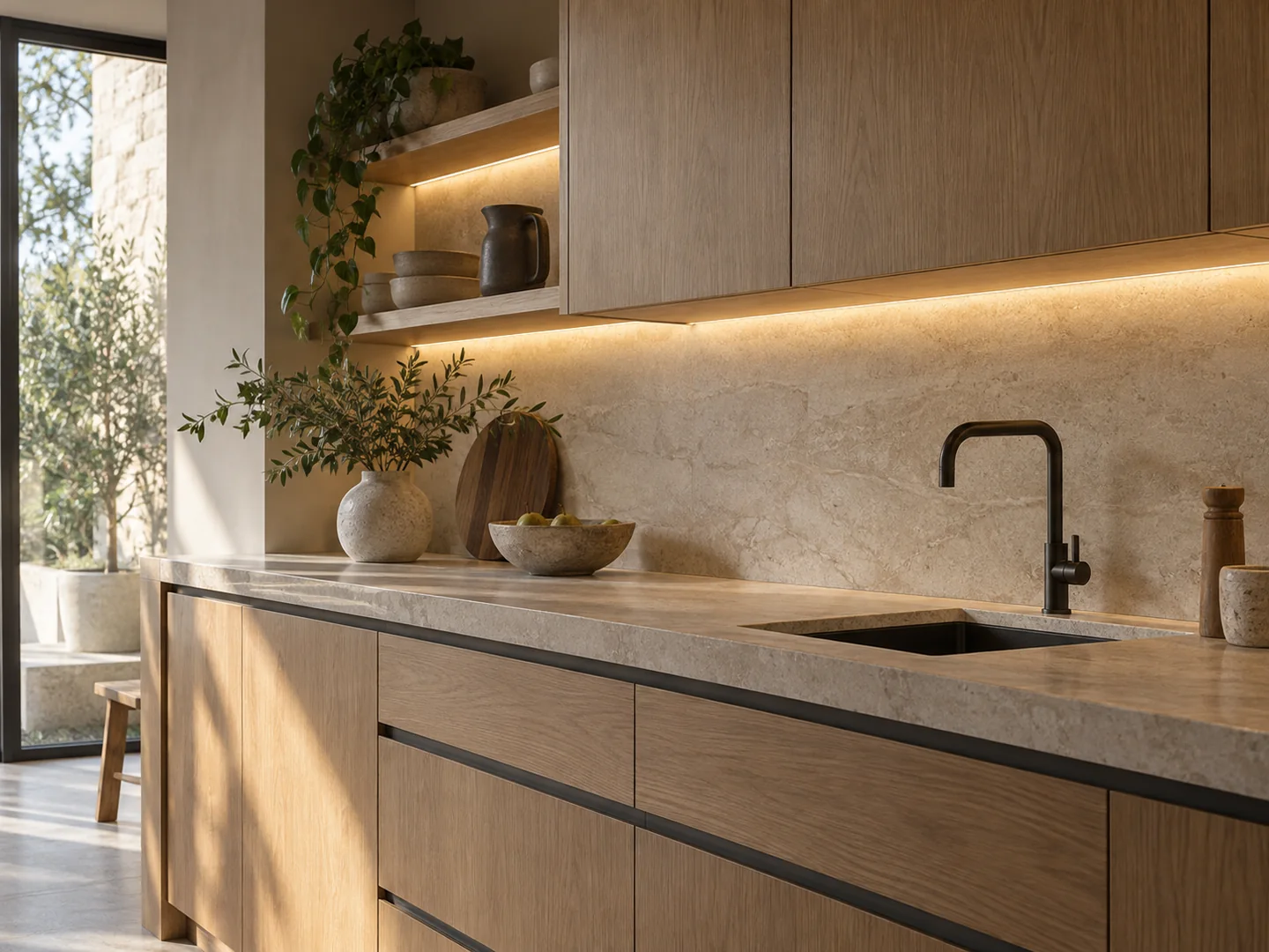 Concealed linear lighting integrated into oak kitchen cabinetry and open shelves
