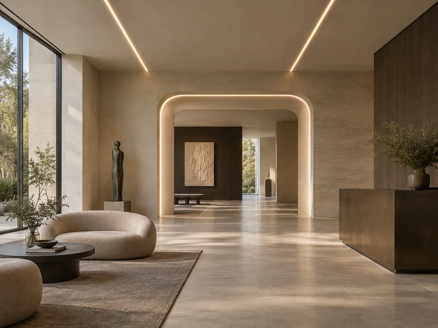 Straight ceiling light lines and a softly illuminated curved passage in a contemporary interior