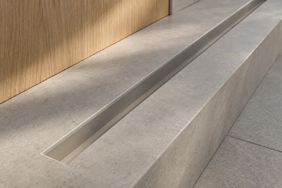 Illustrative recessed mounting groove within a fixed mineral panel and oak installation.
