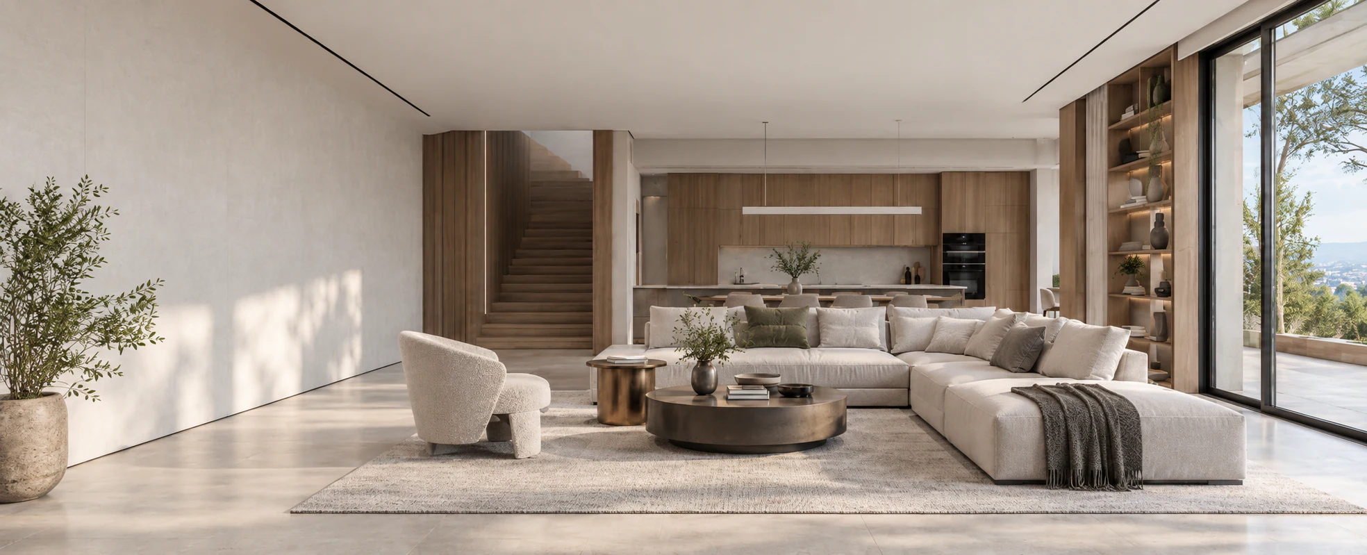 Contemporary interior showing architectural linear lighting application areas in daylight