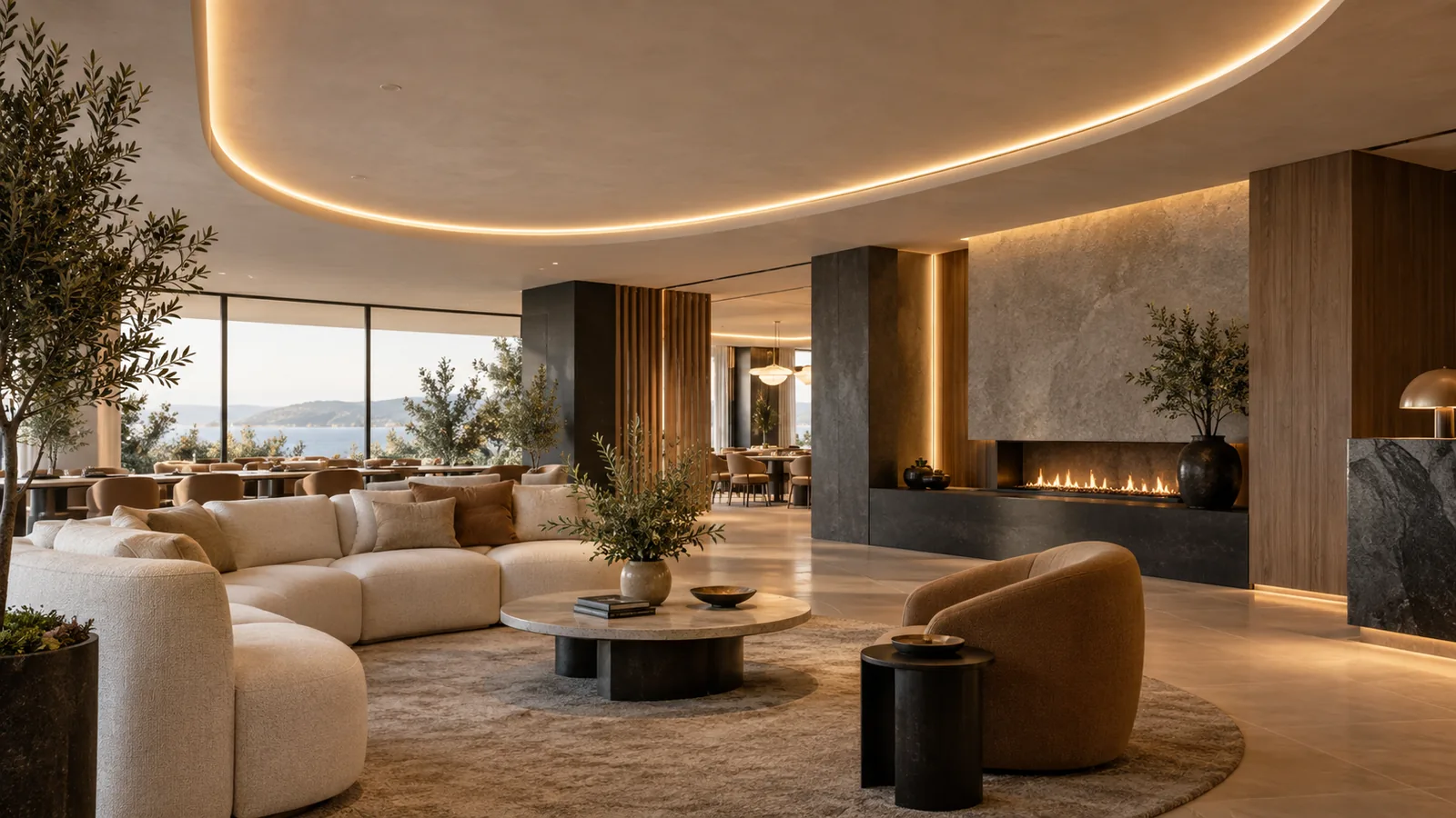Curved ceiling lighting defining a contemporary lounge interior