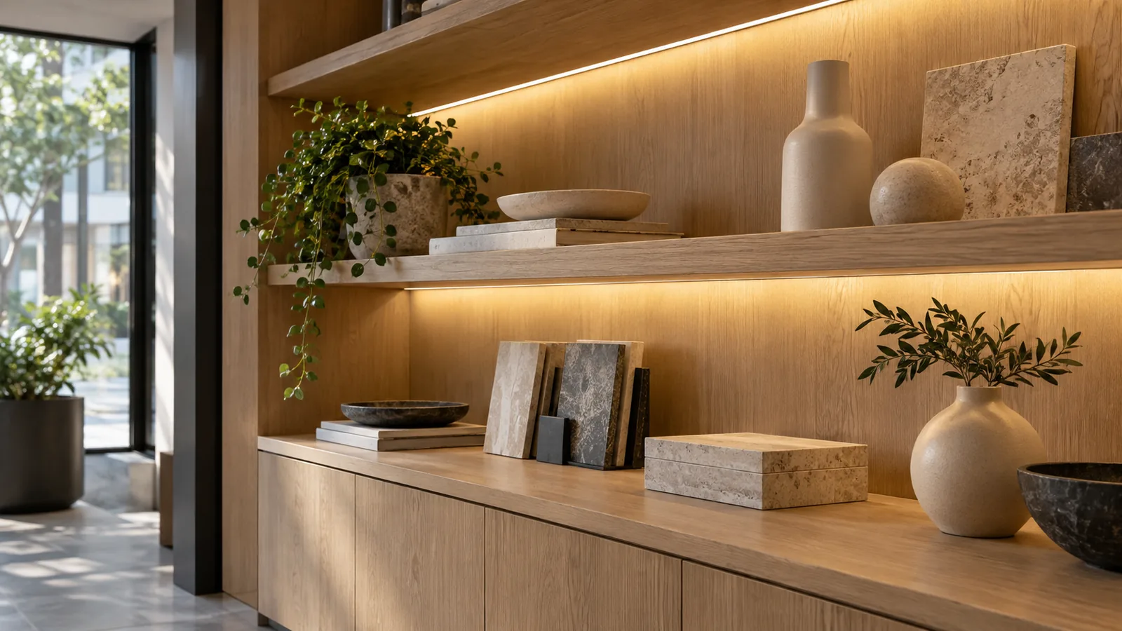 Concealed linear lighting illuminating oak retail display shelves