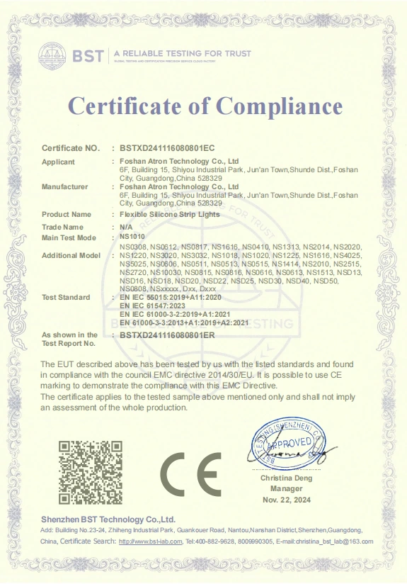 Supplier CE EMC documentation for specified flexible silicone strip light models