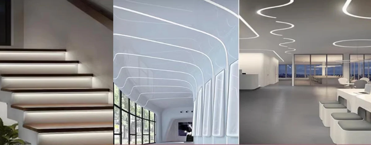 Interior lighting scenes showing linear light integrated into stairs, ceilings and architectural surfaces