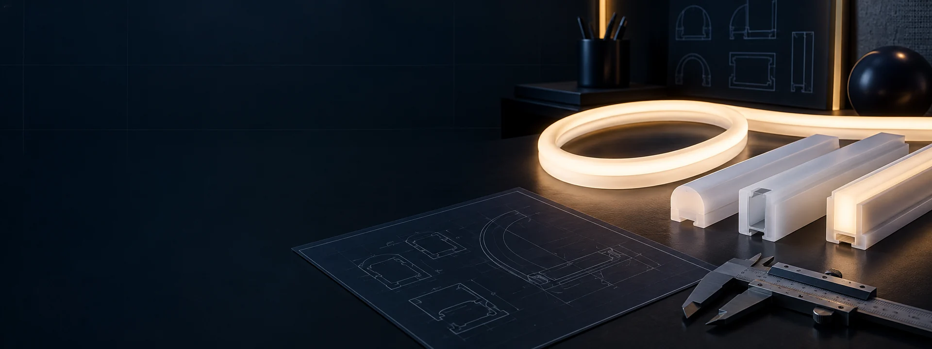 Silicone lighting profiles, technical drawing and caliper arranged for engineering review