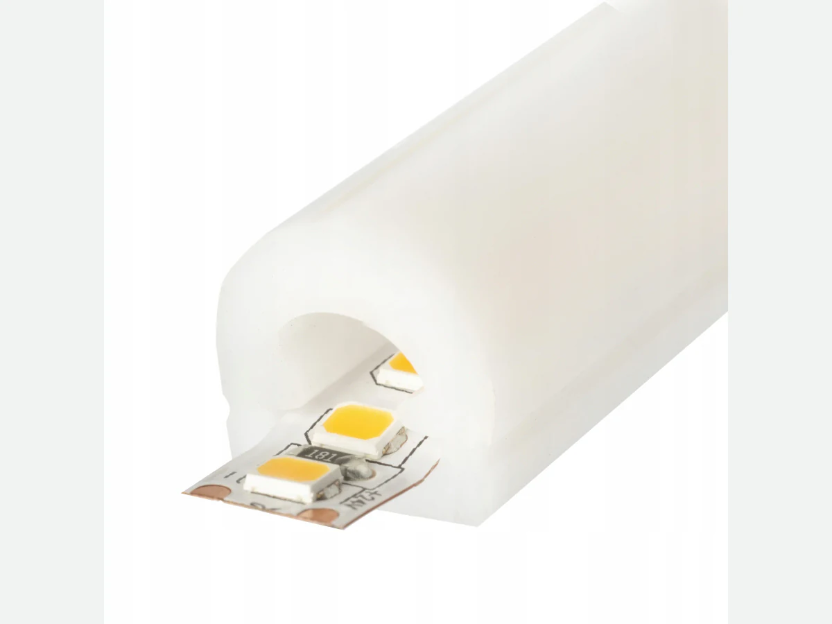 Domed silicone lighting tube with an LED strip shown at the profile opening