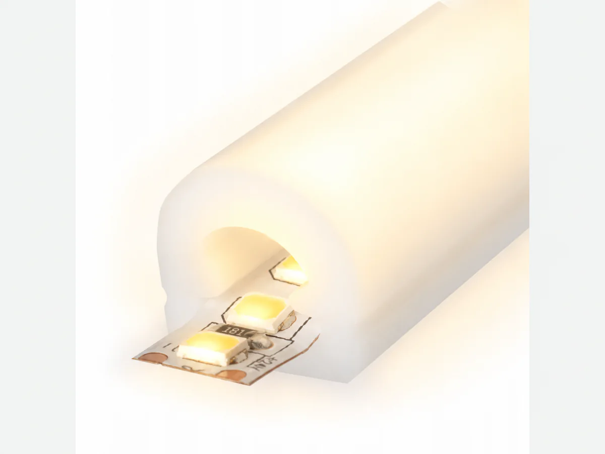 Domed silicone tube with LED strip illuminated in warm white