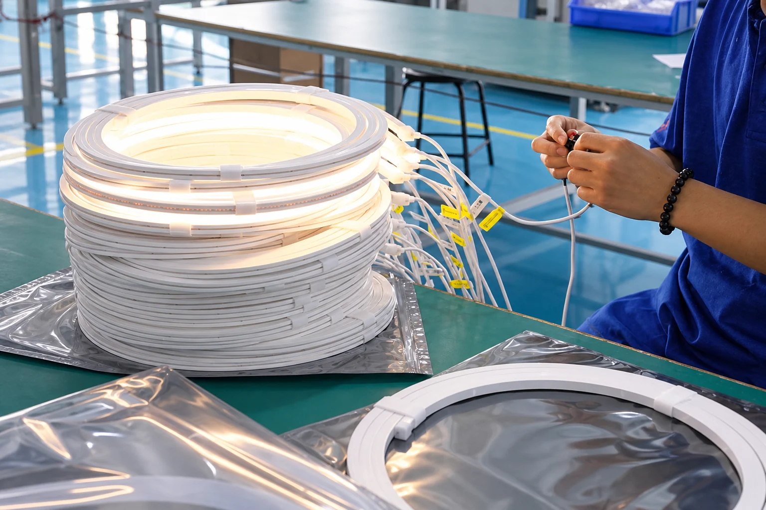 Worker checking illuminated silicone lighting assemblies at AlisterTech