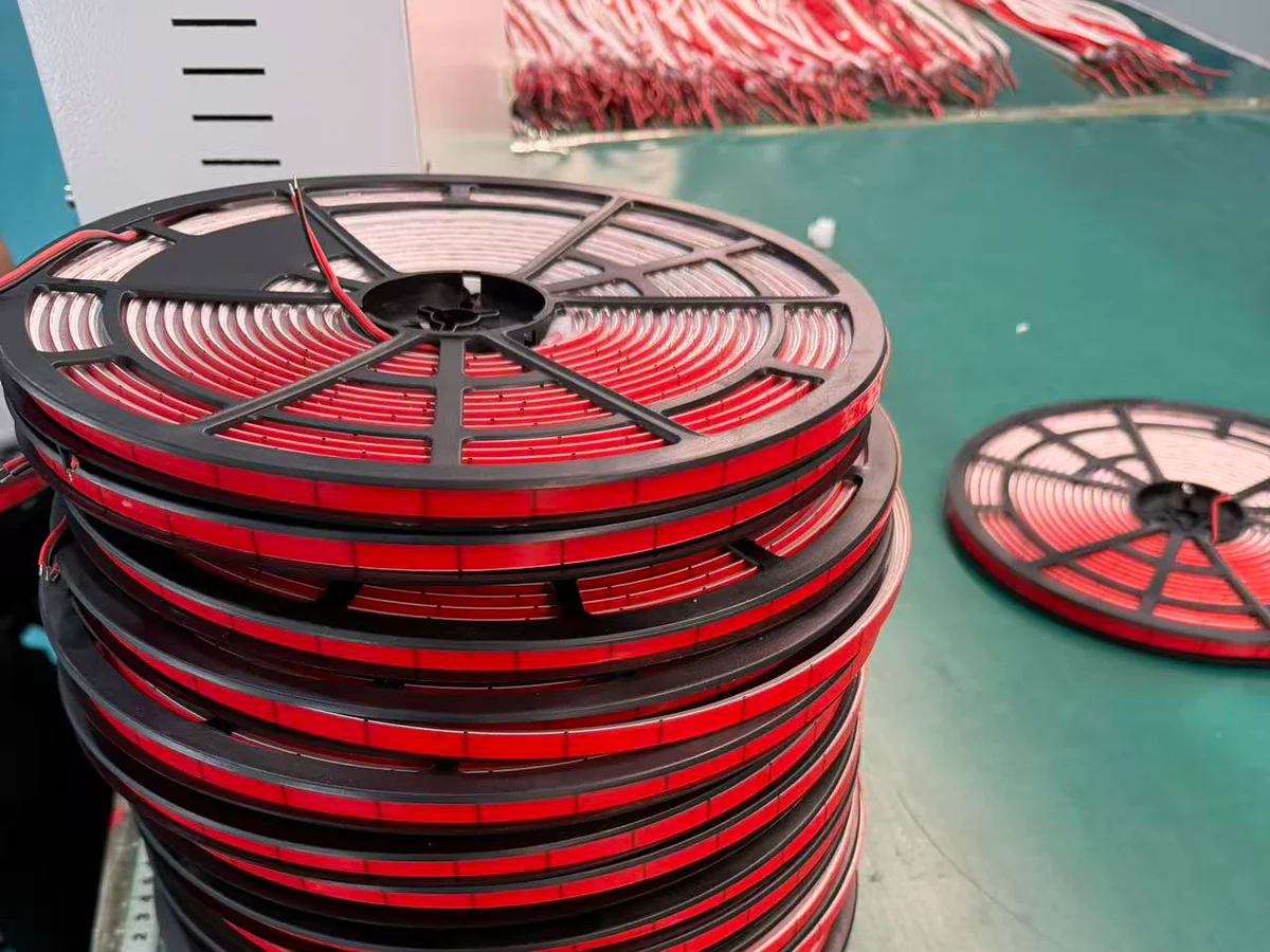 Real LED neon flex products wound on reels in the production area