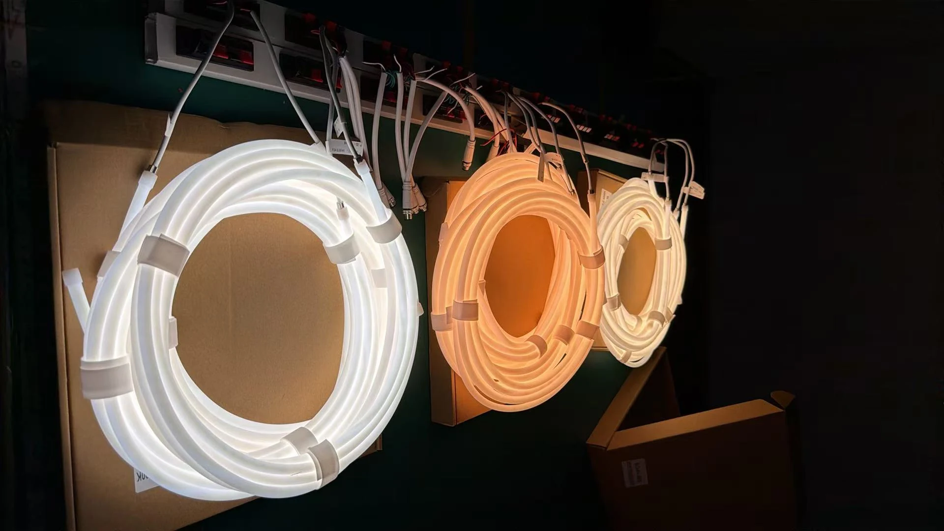 Three illuminated LED neon flex coils in warm white and white during product testing