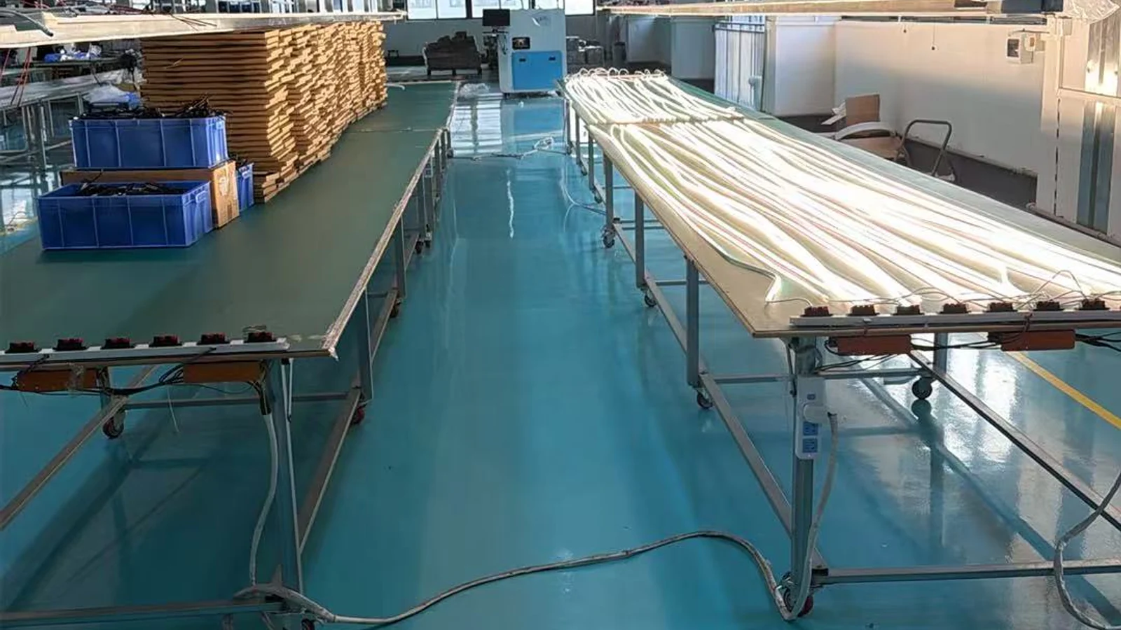 Real illuminated linear lighting assemblies arranged for production review