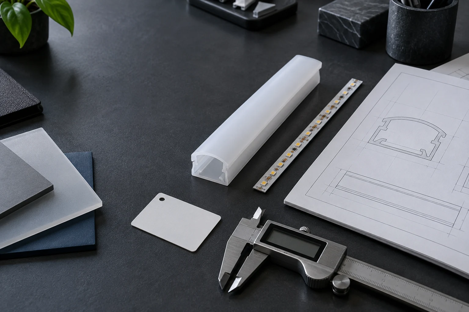 Silicone profile sample, LED strip, drawing and caliper prepared for engineering review