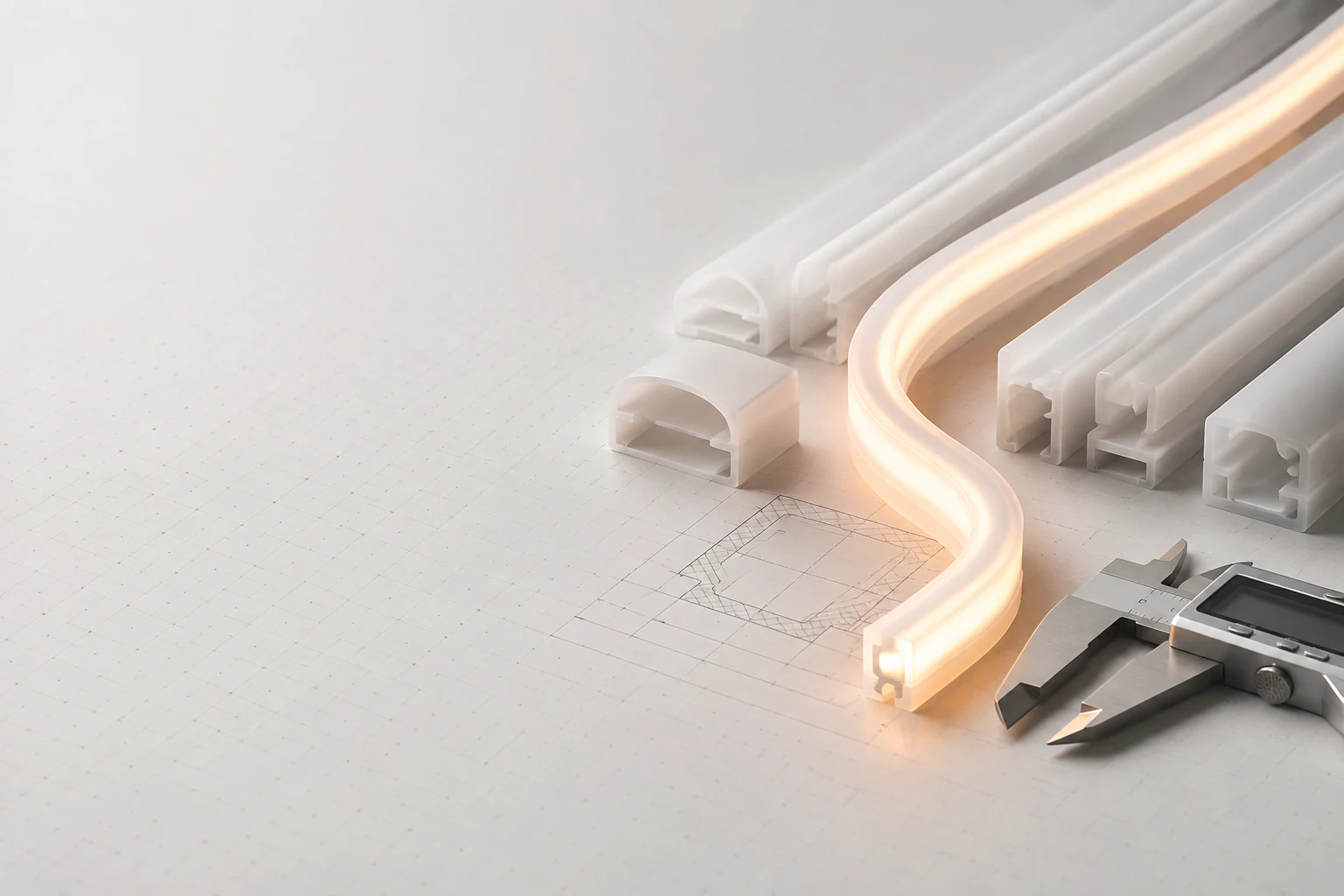 LED silicone profiles and an illuminated silicone tube beside an engineering drawing and caliper