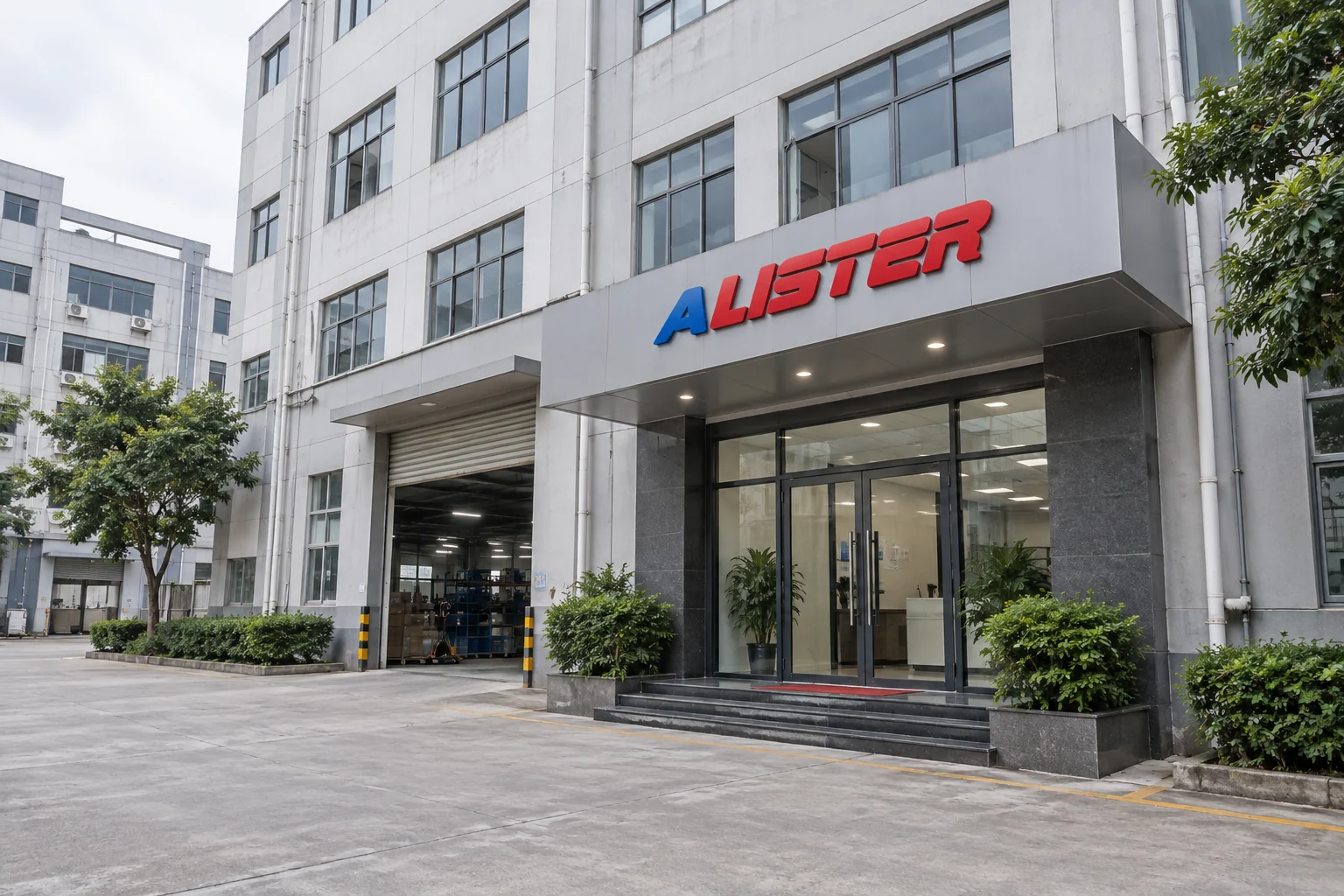 AlisterTech branded factory entrance visual for the Shenzhen location