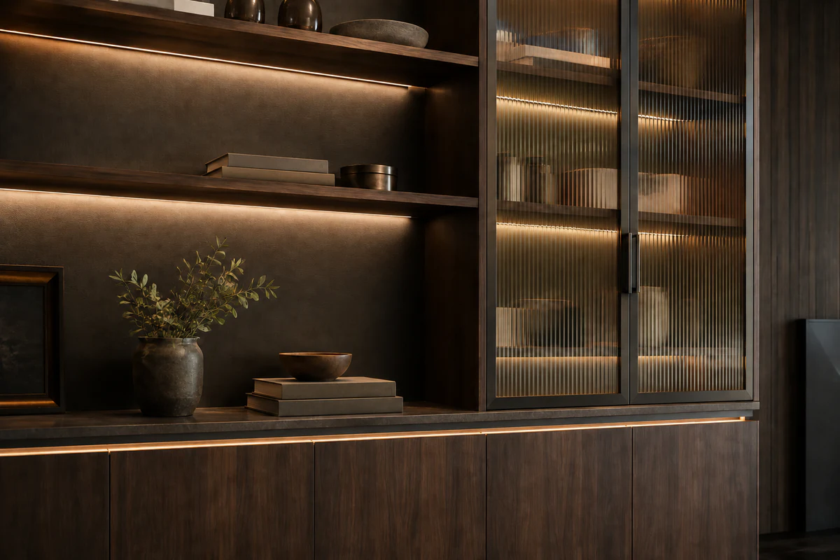 Custom LED Silicone Tube & Profile Manufacturer | AlisterTech Concept visualization of warm linear lighting integrated into custom walnut shelving and cabinetry