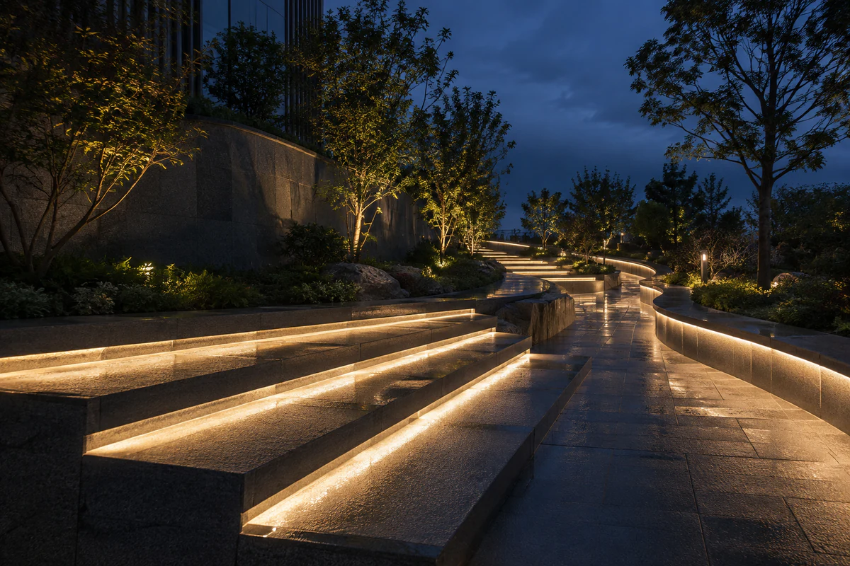 Custom LED Silicone Tube & Profile Manufacturer | AlisterTech Concept visualization of outdoor linear lighting along steps and a landscaped path