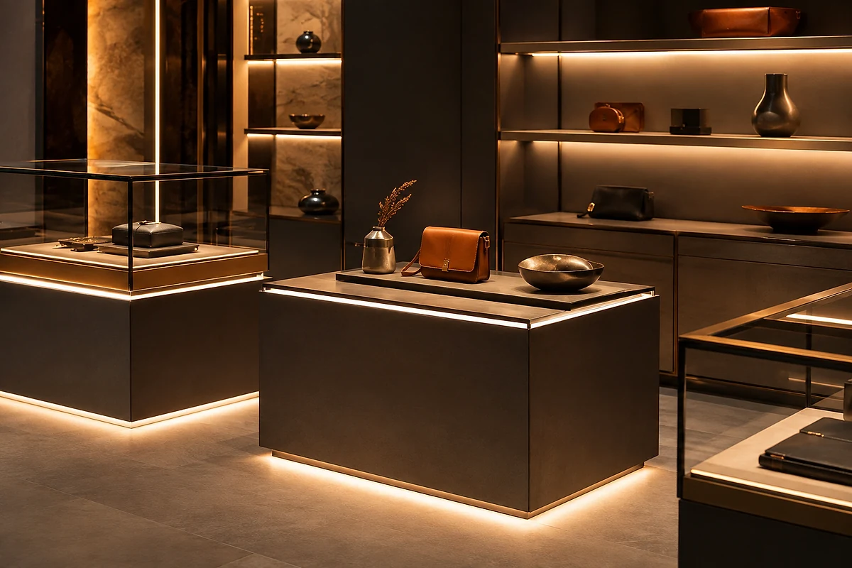 Custom LED Silicone Tube & Profile Manufacturer | AlisterTech Concept visualization of warm linear lighting integrated into retail display cases and product plinths