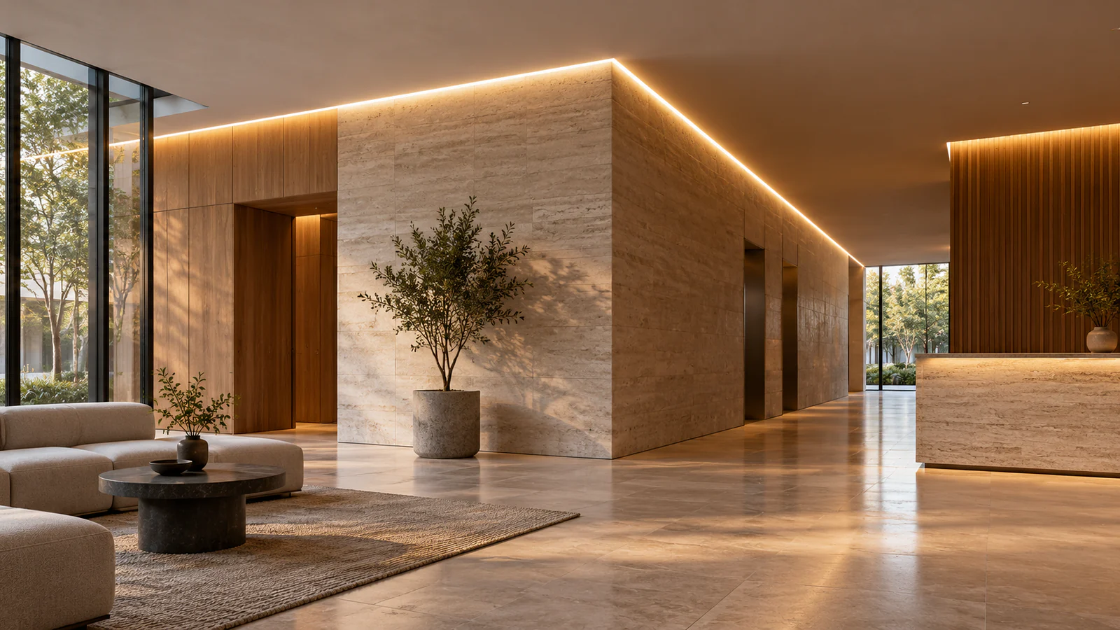 Modern lobby with a continuous warm linear lighting detail along the wall and ceiling
