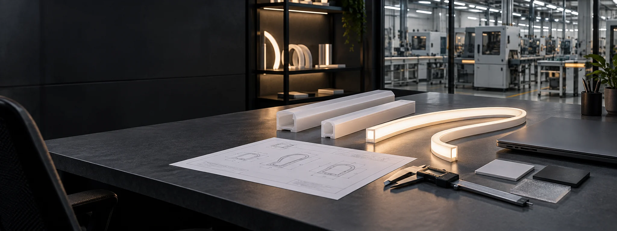 Silicone lighting profiles, project drawing and measuring tools prepared for an engineering discussion