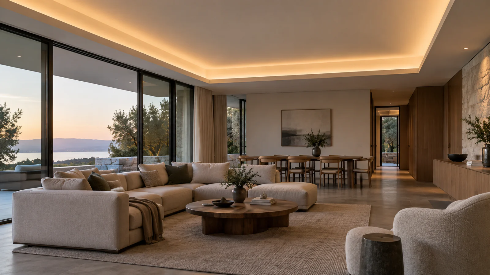 Illustrative modern interior with concealed linear LED cove light washing the ceiling