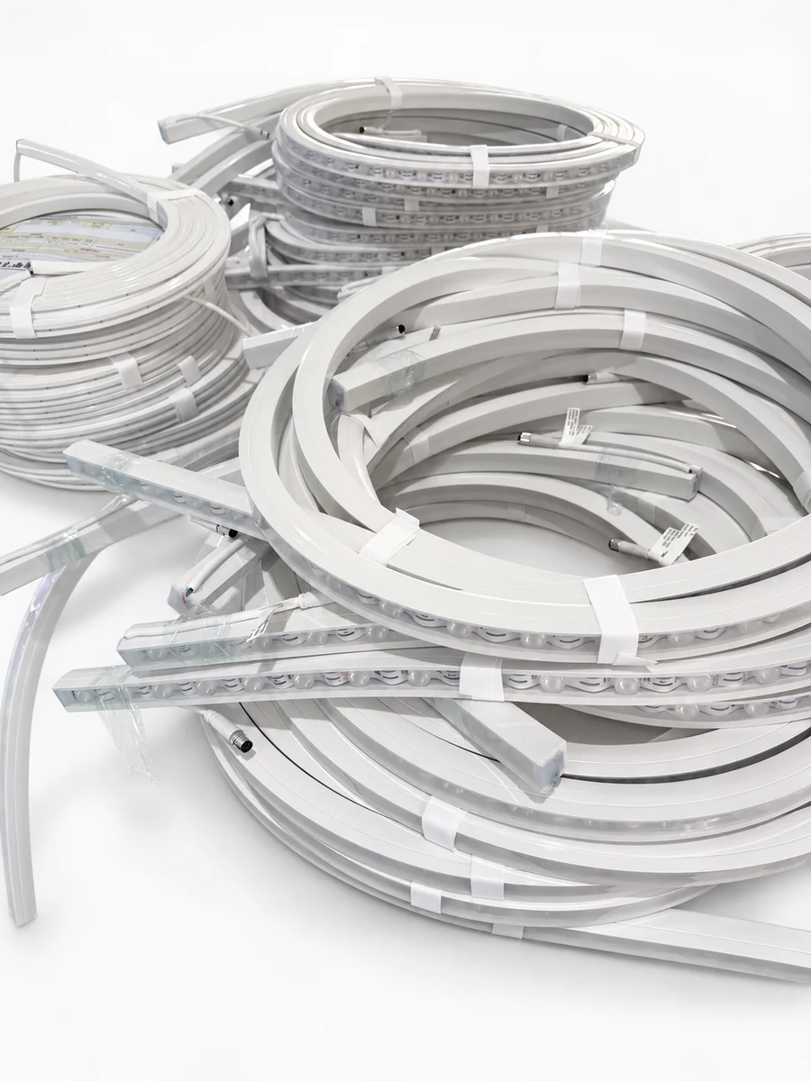 Coiled silicone profile assemblies with visible LED strips and end connections