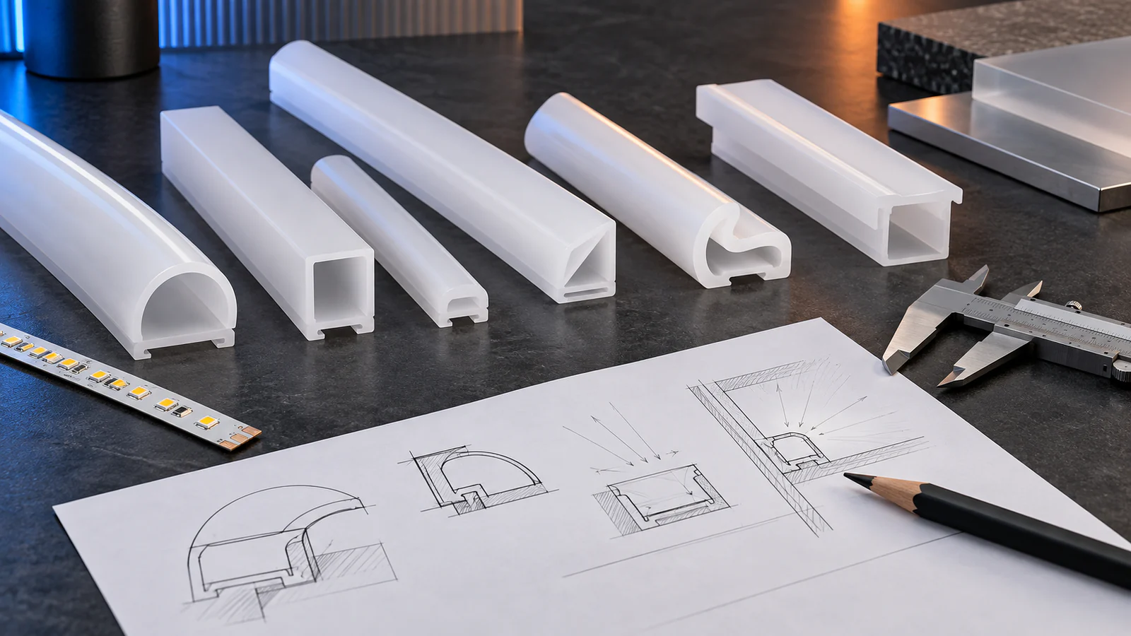 Illustrative silicone profile samples, an LED strip and section sketches on an engineering desk