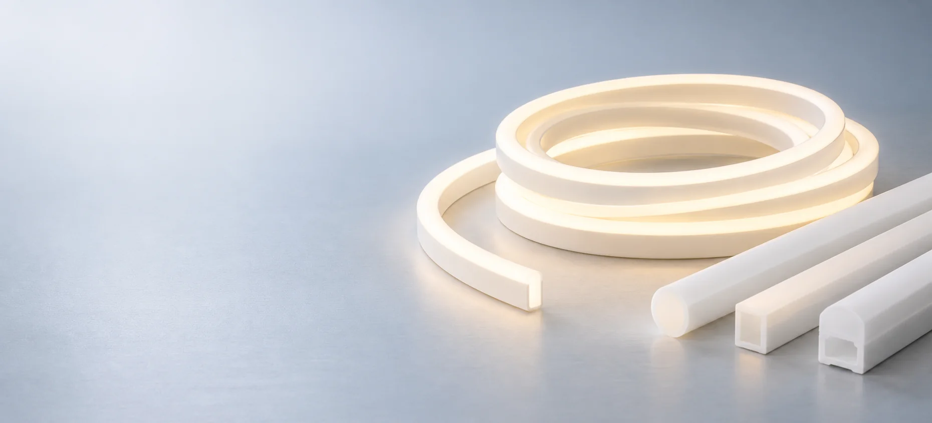 White silicone neon flex and profile products arranged on a clean light engineering surface