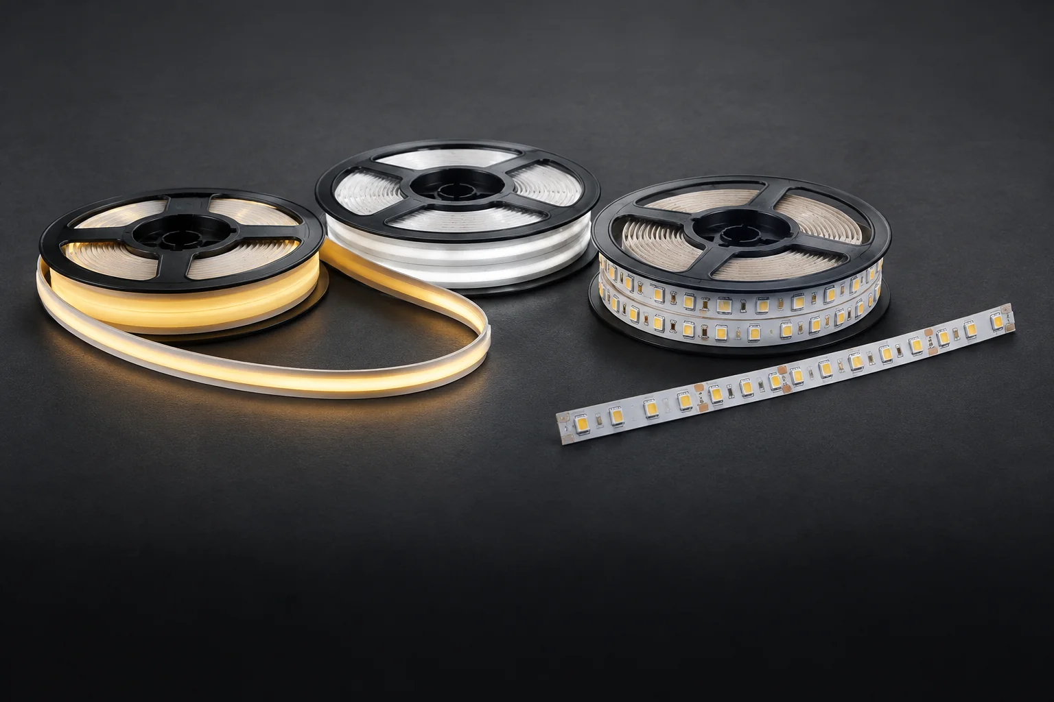Custom LED Silicone Tube & Profile Manufacturer | AlisterTech COB and SMD LED strip light reels arranged on a dark engineering surface
