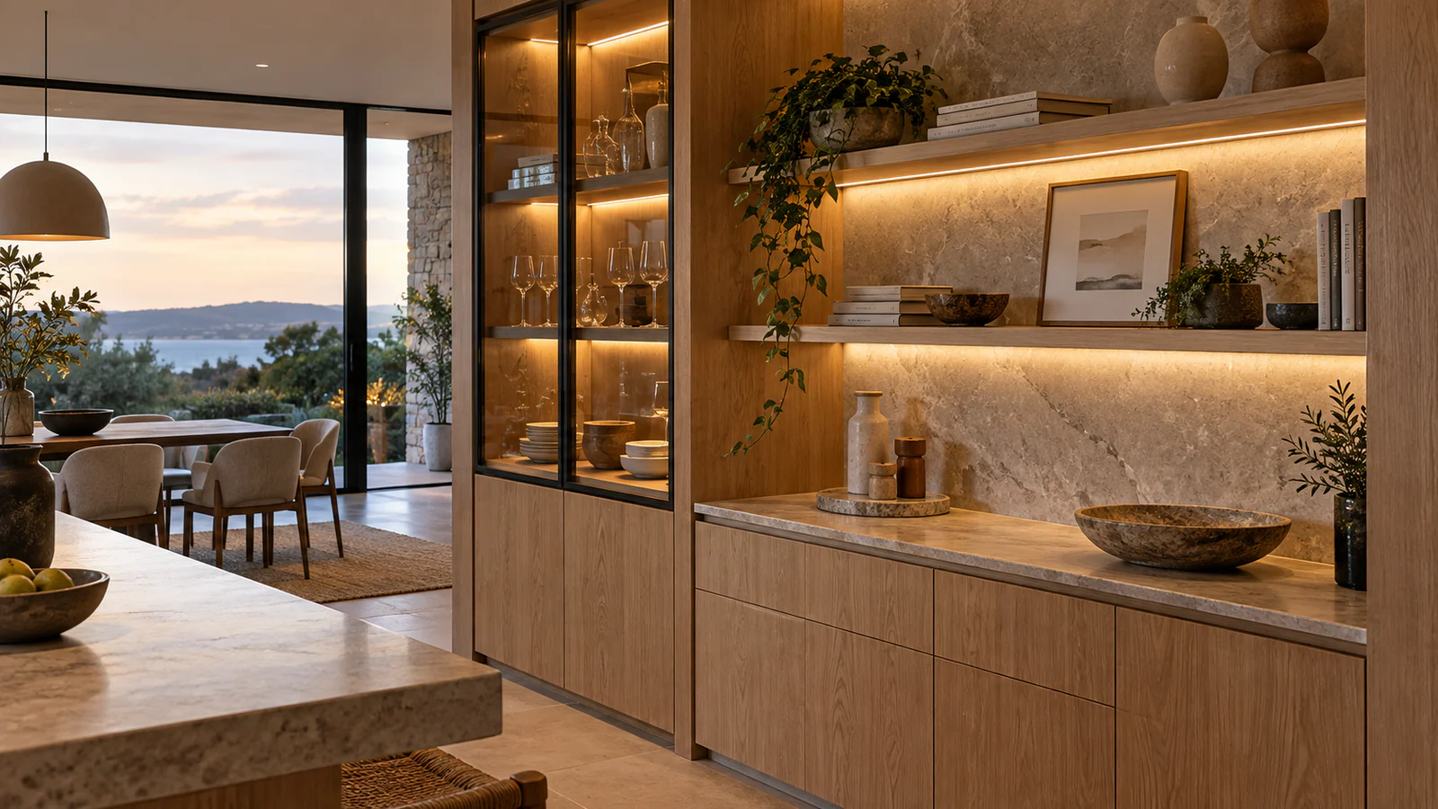 Contemporary cabinetry and shelves with warm integrated linear accent lighting