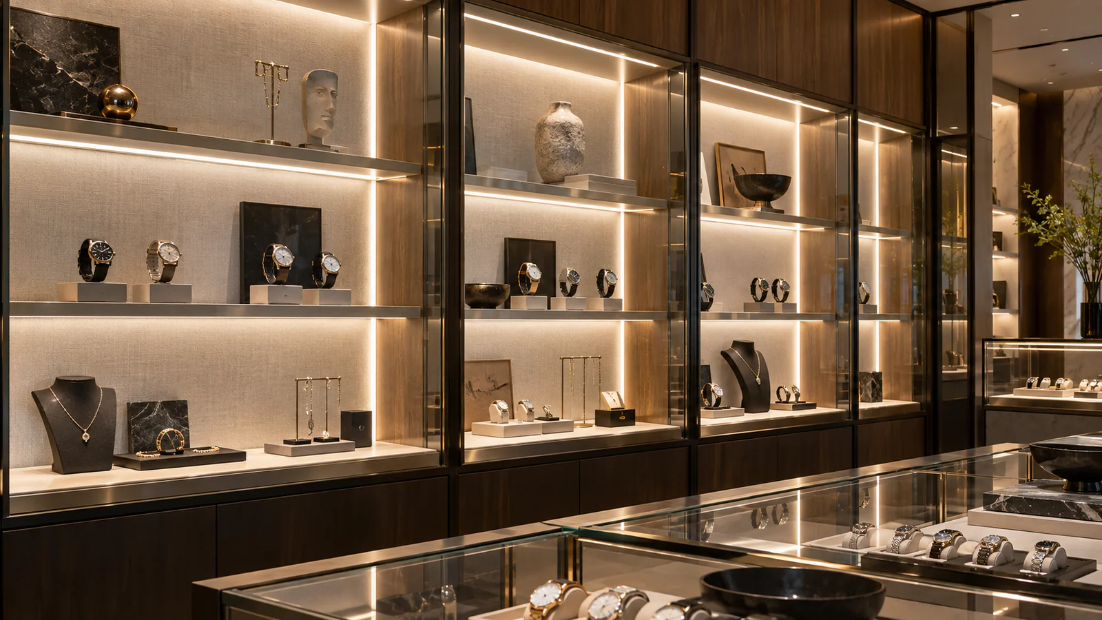 LED Display Case Lighting: Plan Shelves, Glare and Access Premium glass display cabinets with integrated linear shelf and vertical lighting
