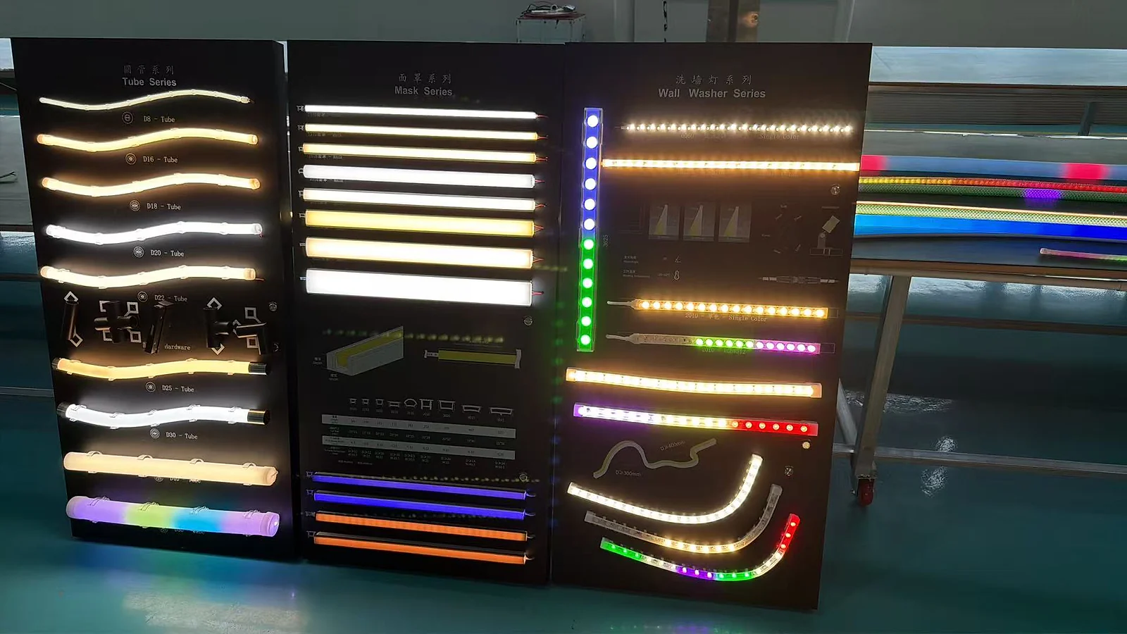 Top Bend vs Side Bend LED Neon Flex: A Practical Guide Display of illuminated flexible LED neon profiles in different shapes and light colours