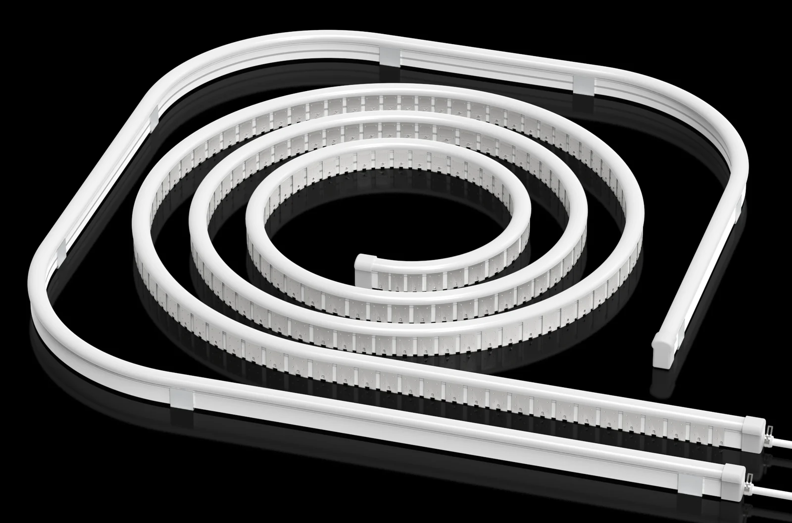 Clear silicone lighting profile coiled on a black background with its LED strip visible