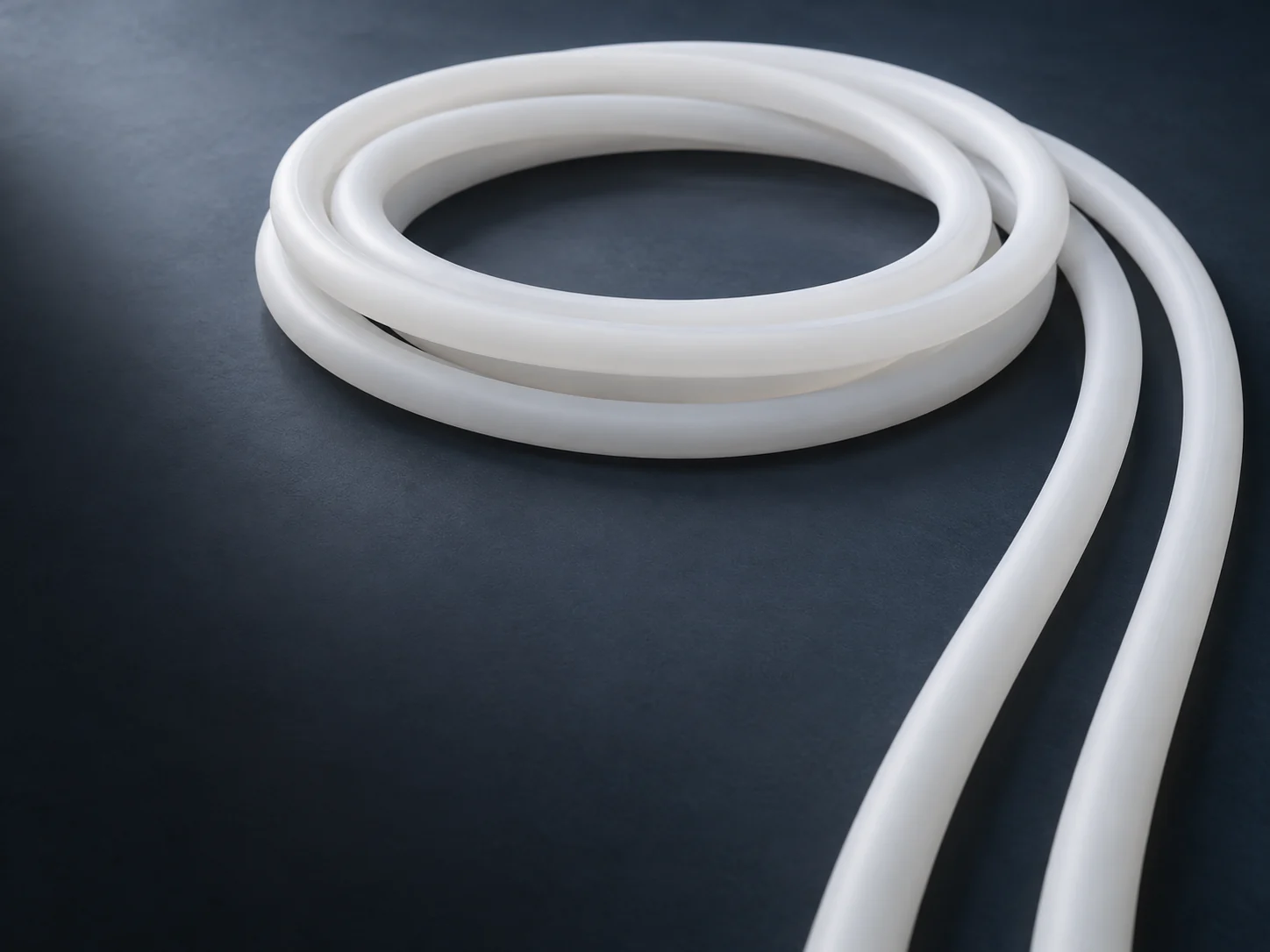 Unlit white silicone tube arranged in a coil on a dark studio surface
