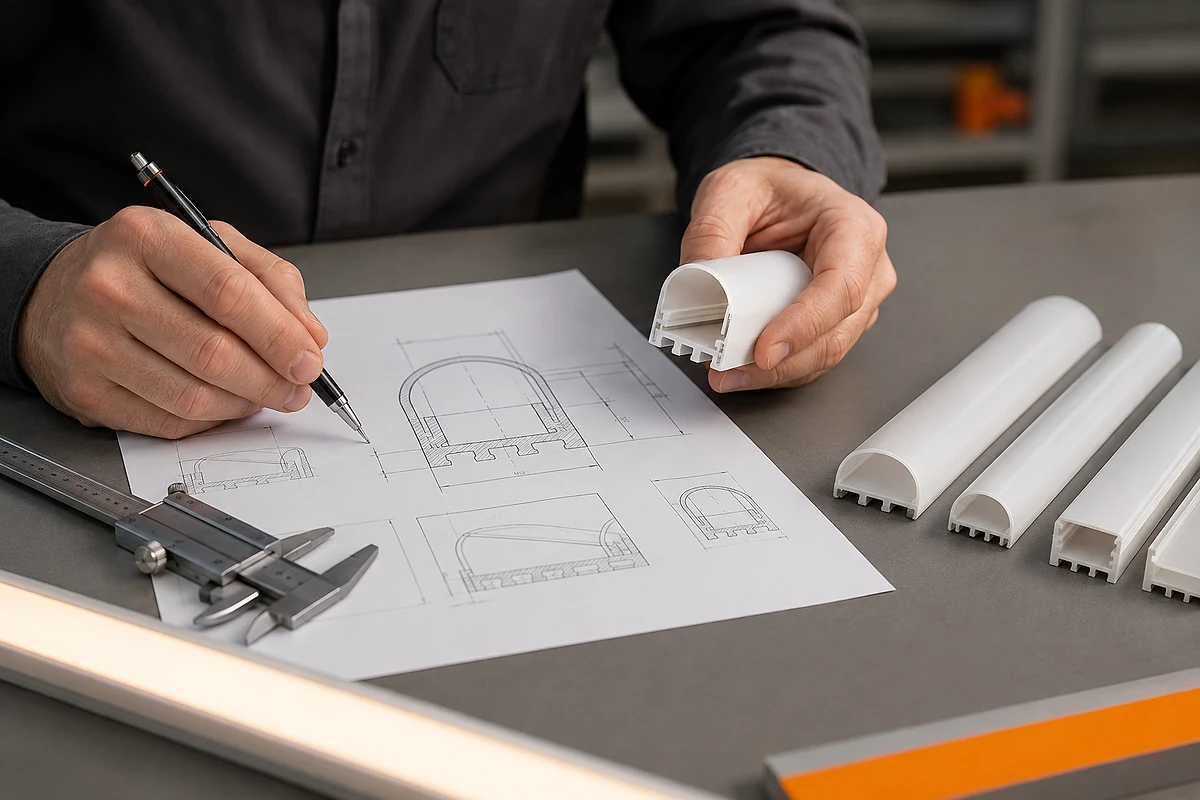 Custom LED Silicone Tube & Profile Manufacturer | AlisterTech Engineer reviewing a profile drawing beside white silicone lighting samples