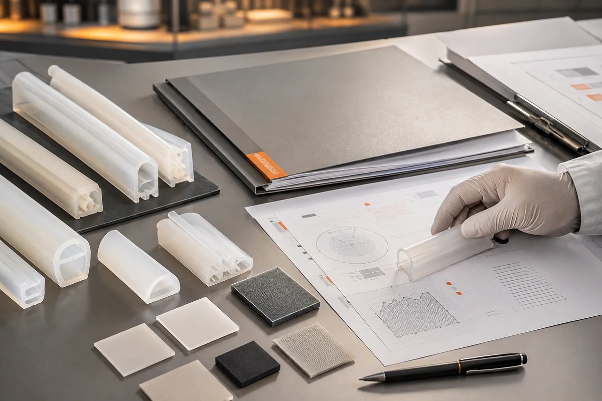 Custom LED Silicone Tube & Profile Manufacturer | AlisterTech Silicone profile samples being matched with material and compliance documentation