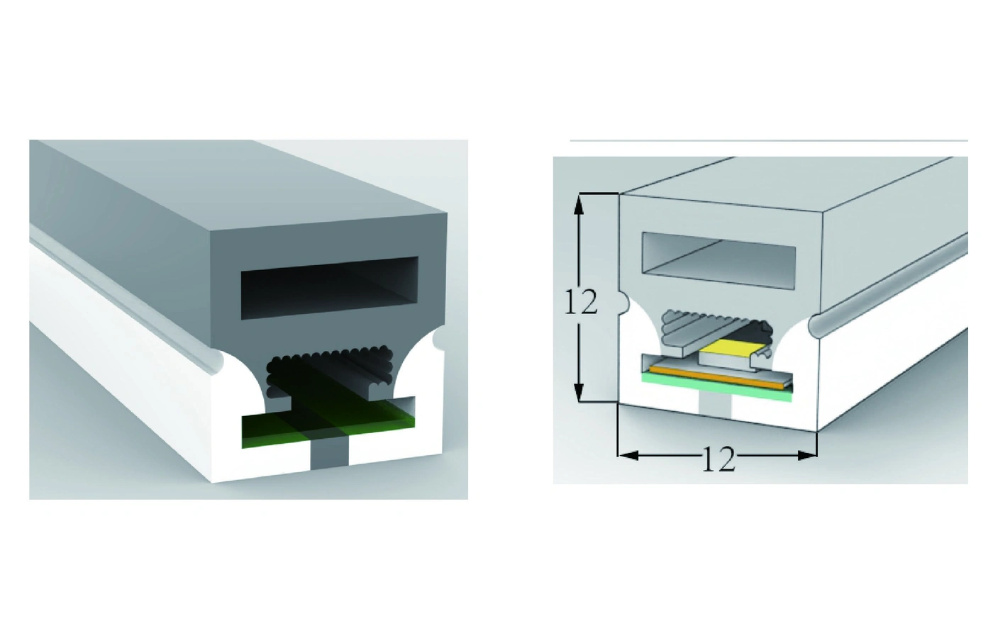 AlisterTech 12 x 12 mm silicone profile with original product view and dimensioned source illustration