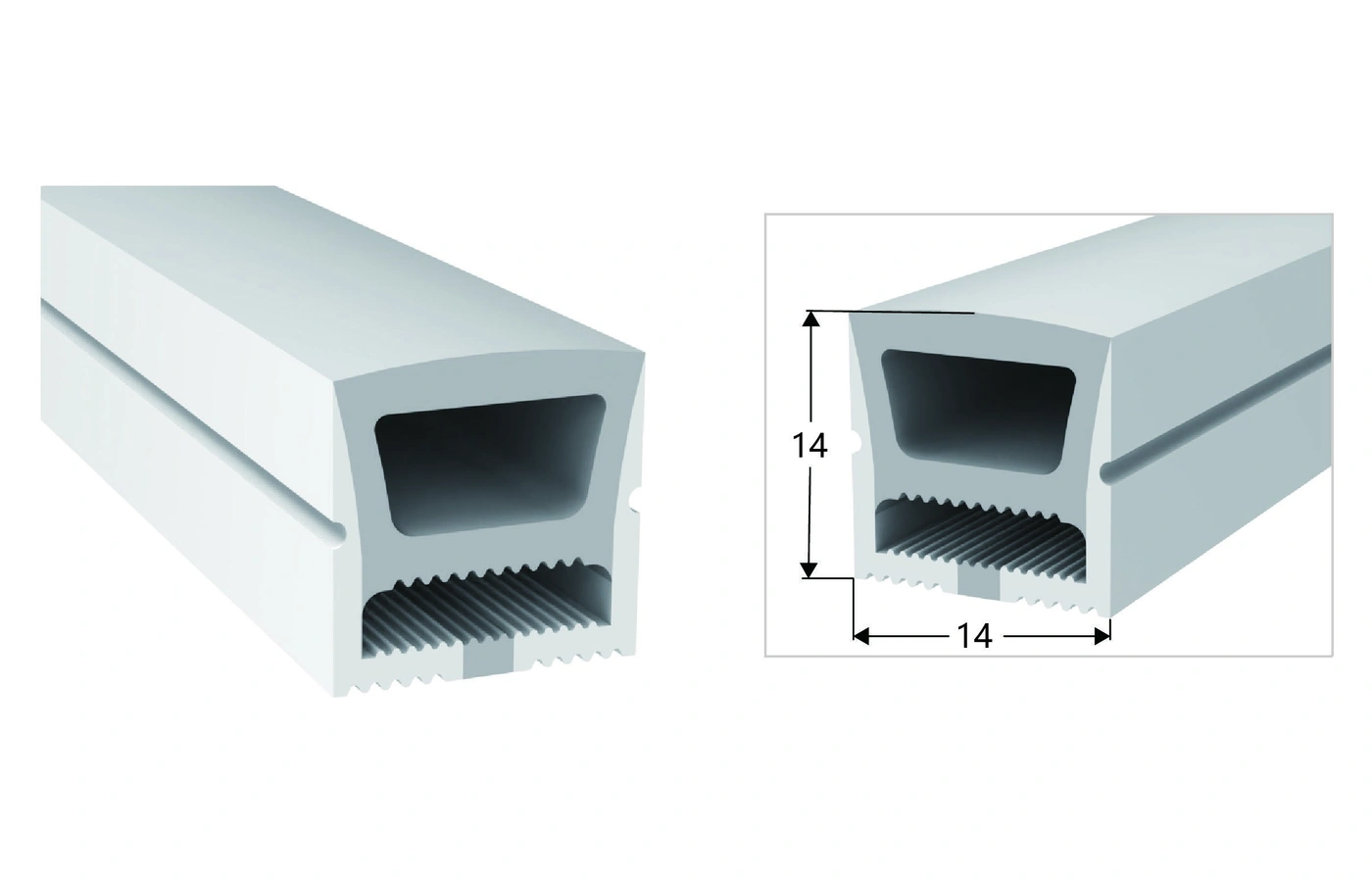 AlisterTech 14 x 14 mm silicone profile with original product view and dimensioned source illustration