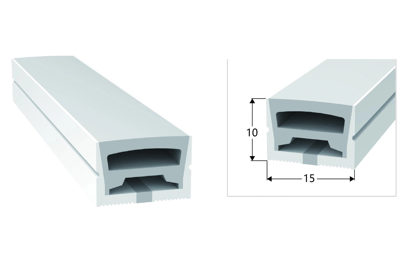 AlisterTech 15 x 10 mm silicone profile with original product view and dimensioned source illustration